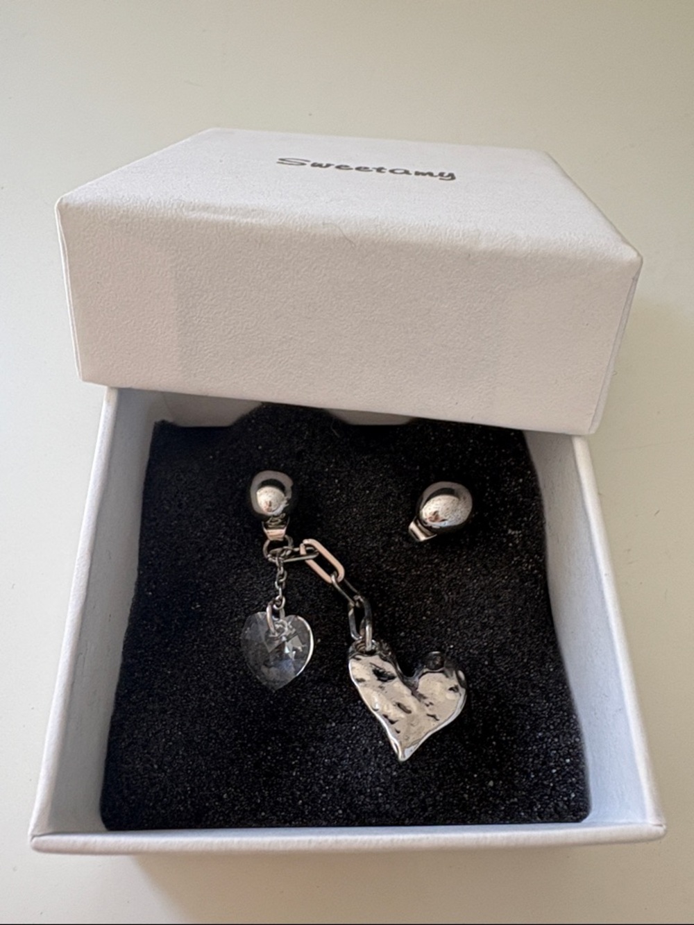 Silver Heart Drop Earrings Asymmetrical dangle design